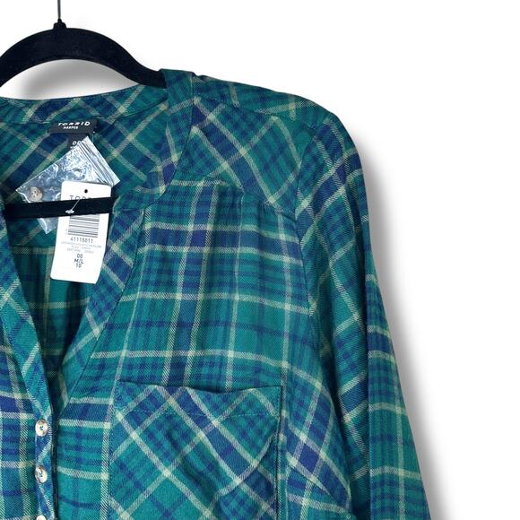 Torrid NWT Harper Brushed Green Plaid Softest Flannel Tunic Pullover Top Size 00 - Picture 4 of 10